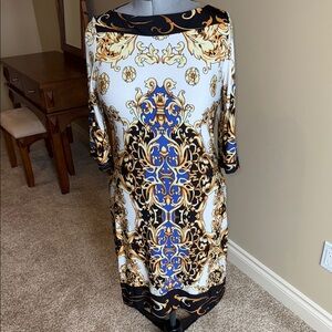 Forever Sheath Dress White Gold Blue Bateau Neckline Dolman Sleeves Women's